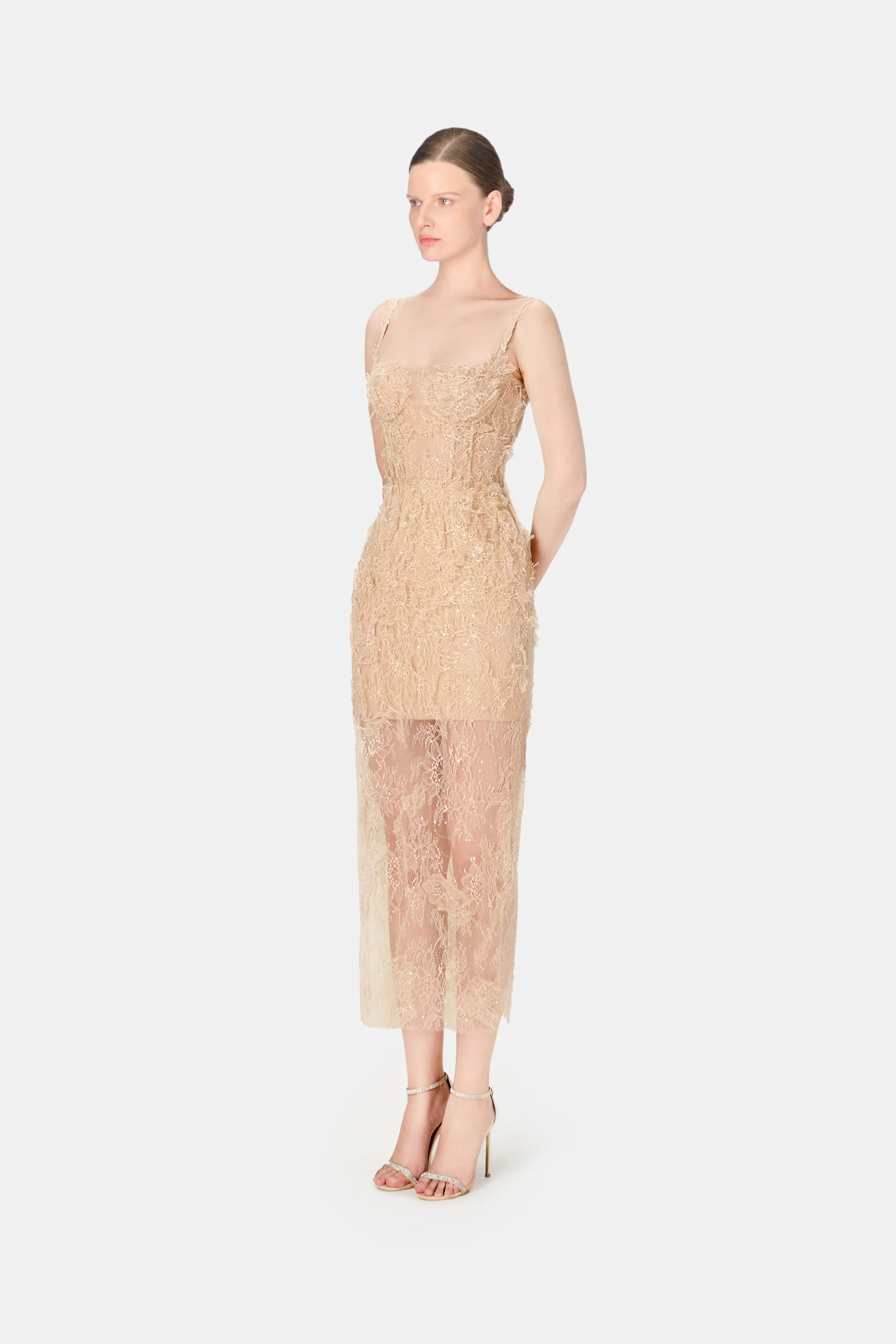 Beige Beaded Lace Fitted Dress - Image 3