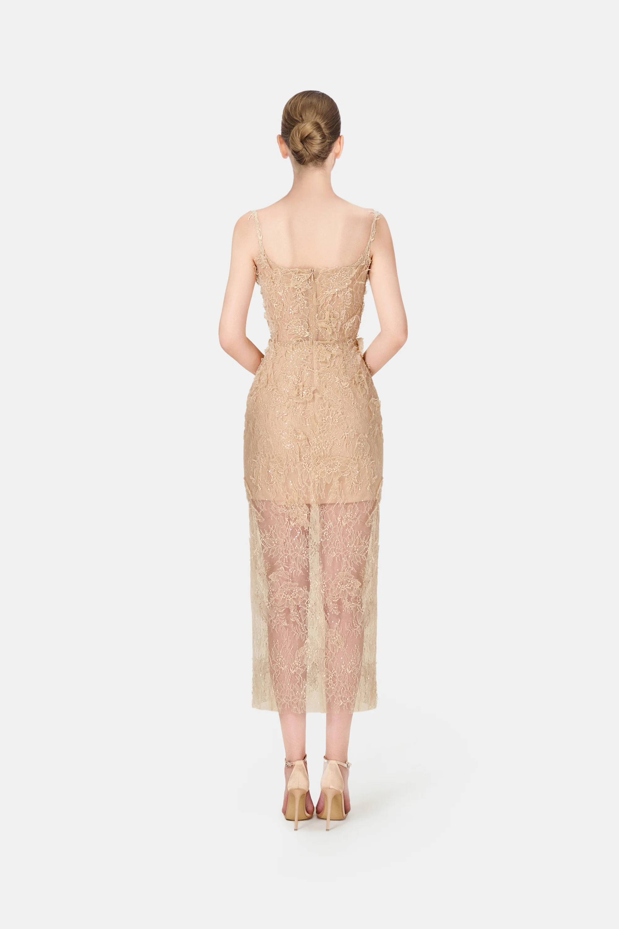Beige Beaded Lace Fitted Dress - Image 4