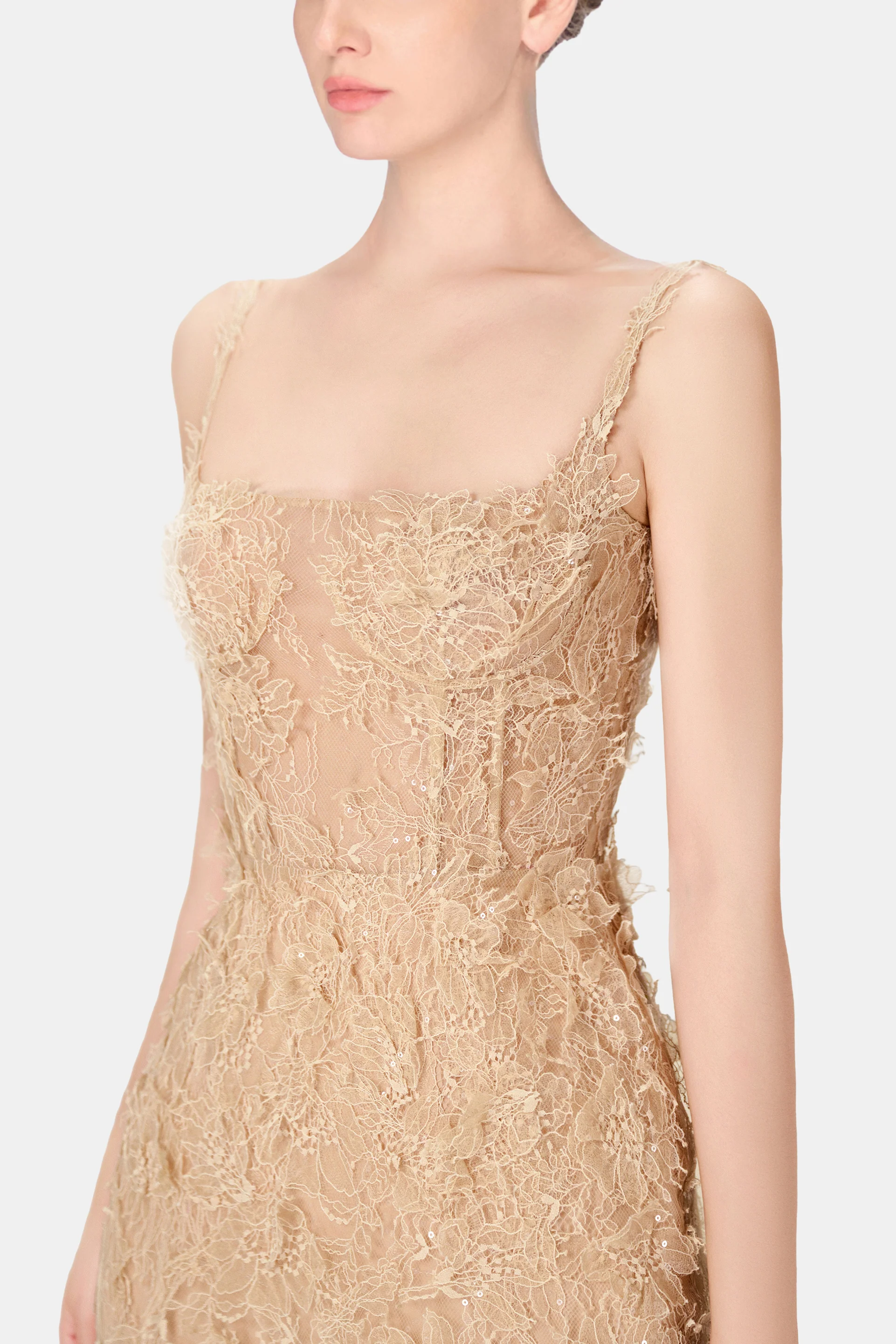 Beige Beaded Lace Fitted Dress - Image 5