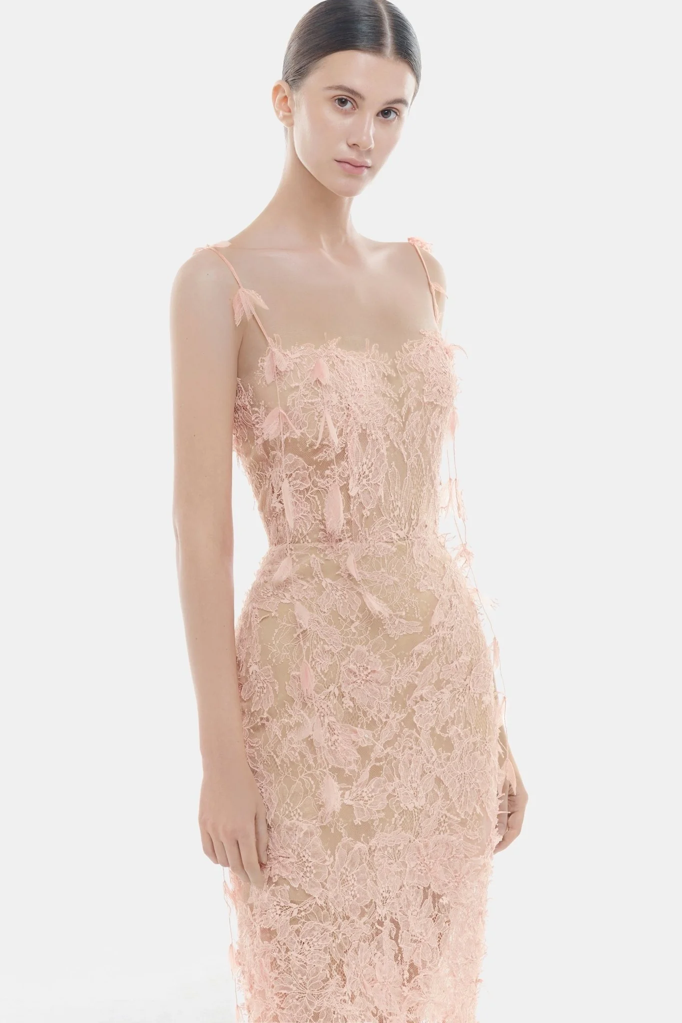 Baby Pink Beaded Lace Pencil Dress - Image 2