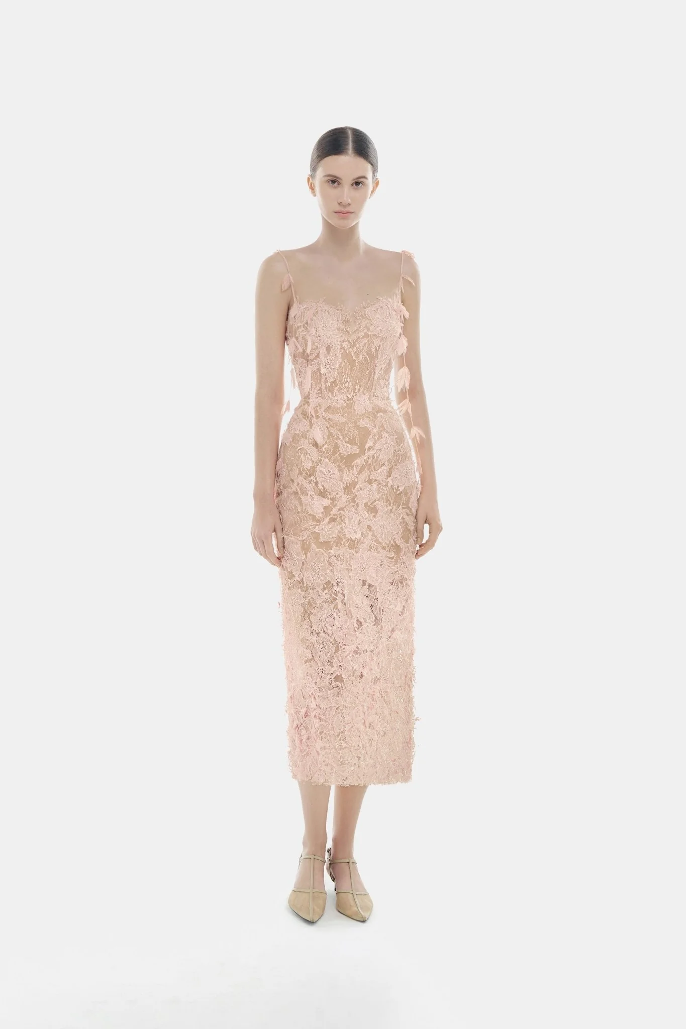 Baby Pink Beaded Lace Pencil Dress - Image 3