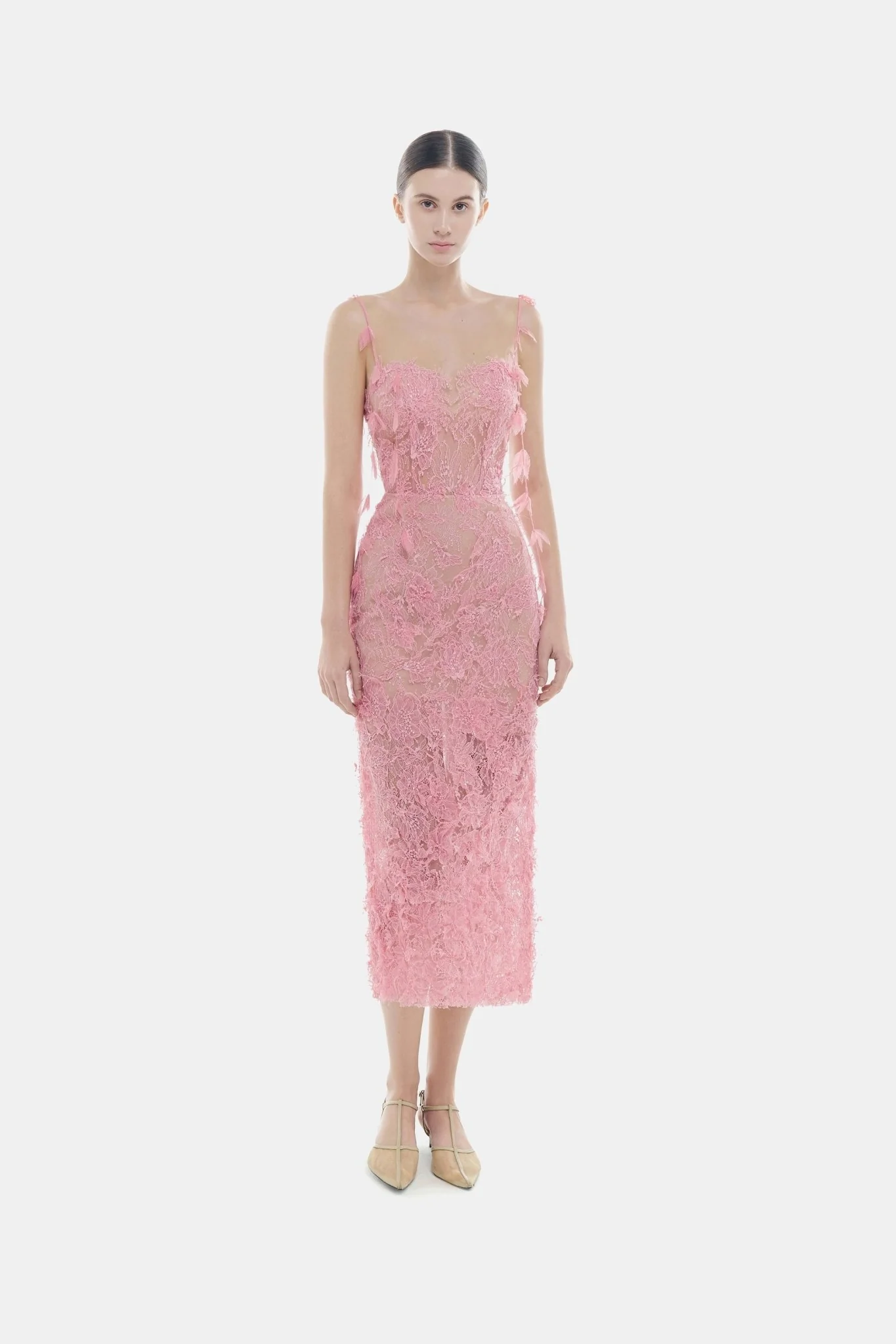Pink Beaded Lace Pencil Dress - Image 3