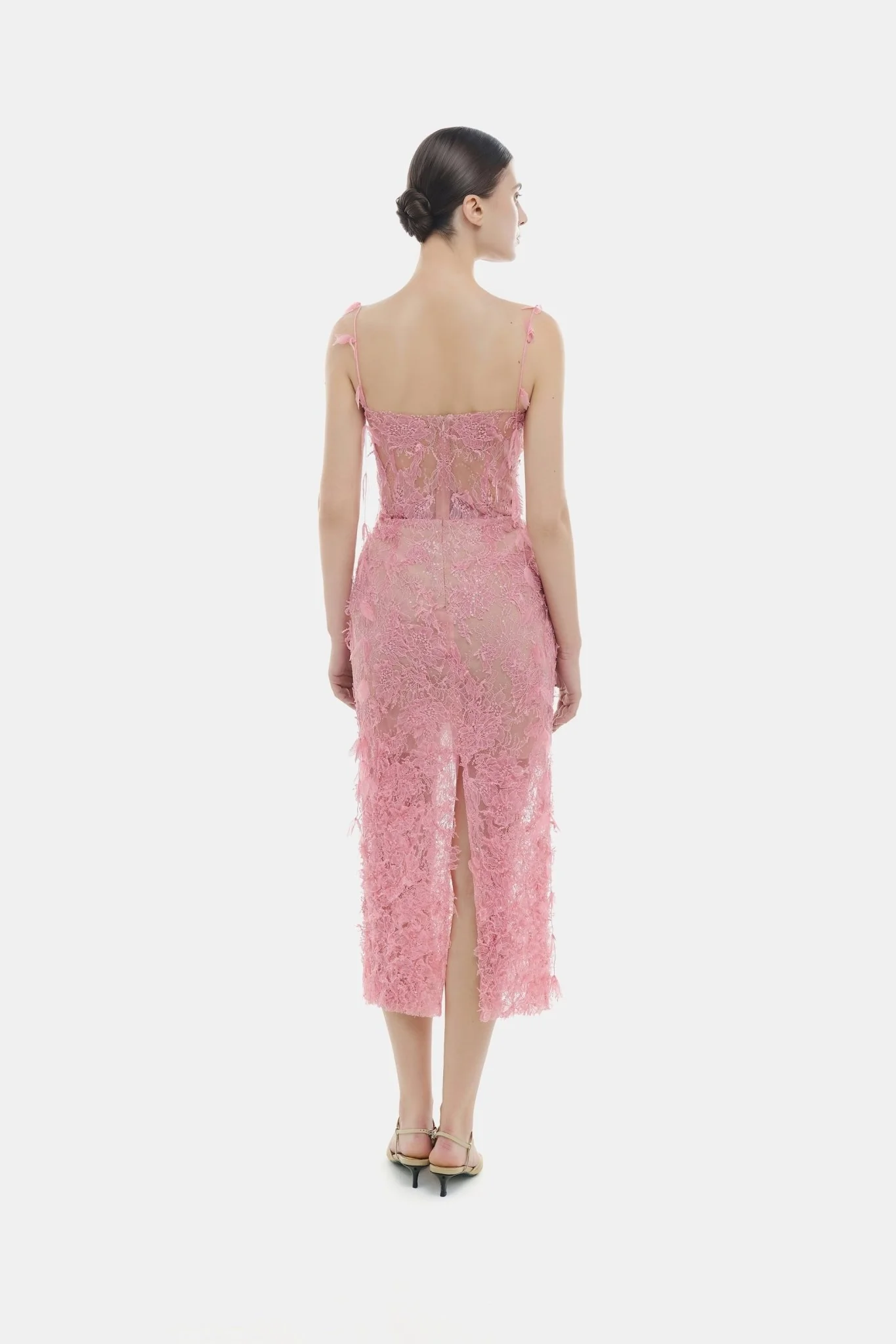 Pink Beaded Lace Pencil Dress - Image 4
