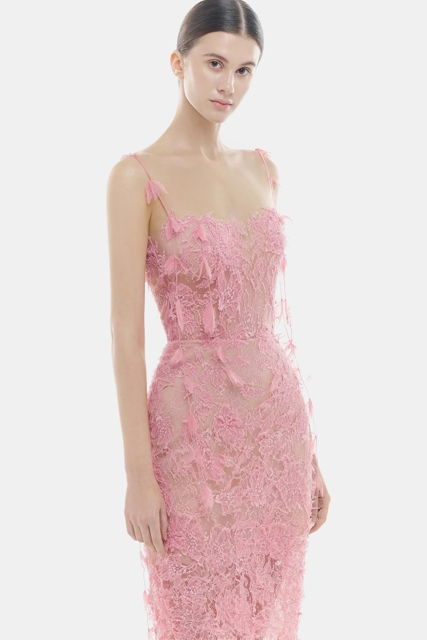 Pink Beaded Lace Pencil Dress - Image 5