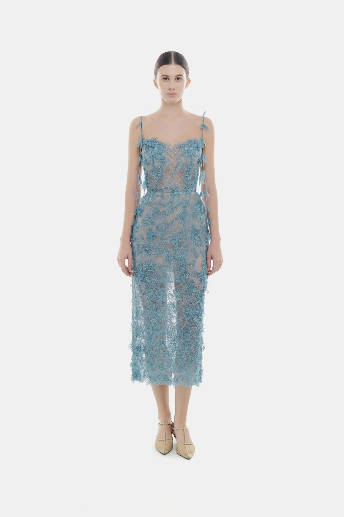 Blue Beaded Lace Pencil Dress - Image 3