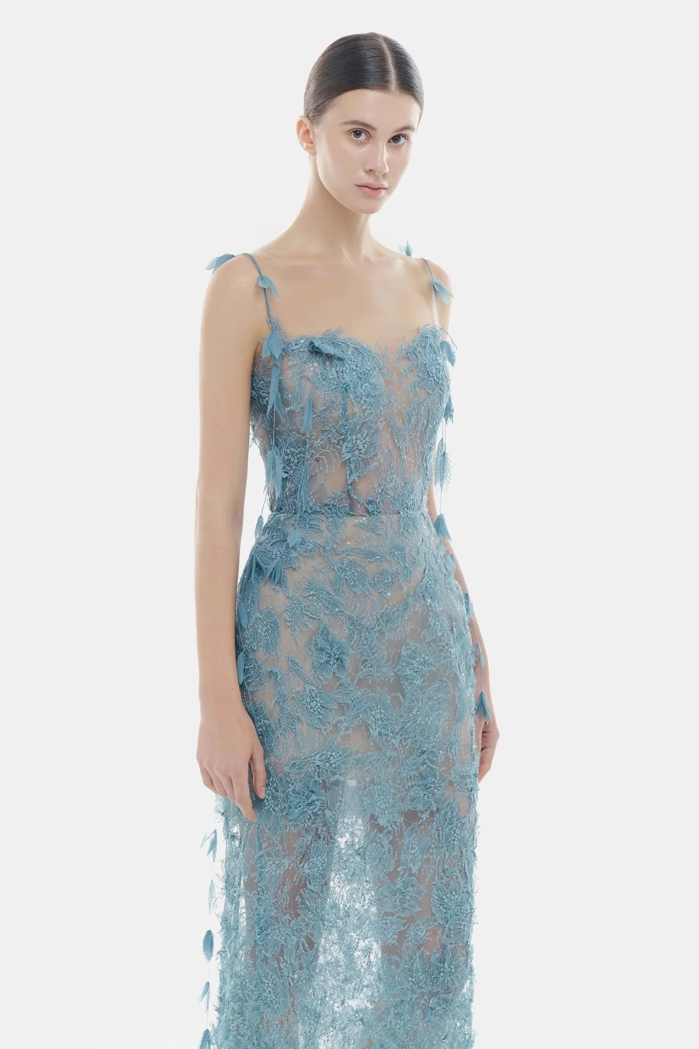 Blue Beaded Lace Pencil Dress - Image 5