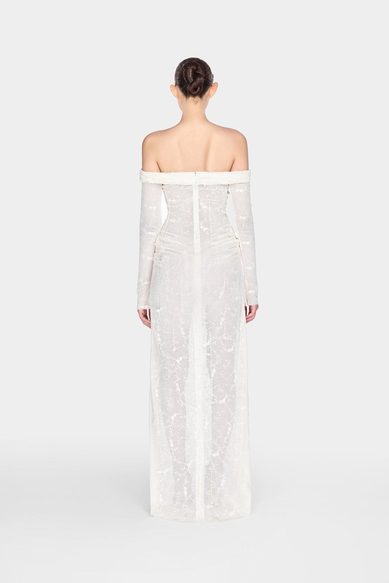 White Floral Beaded Off-shoulder Dress - Image 3