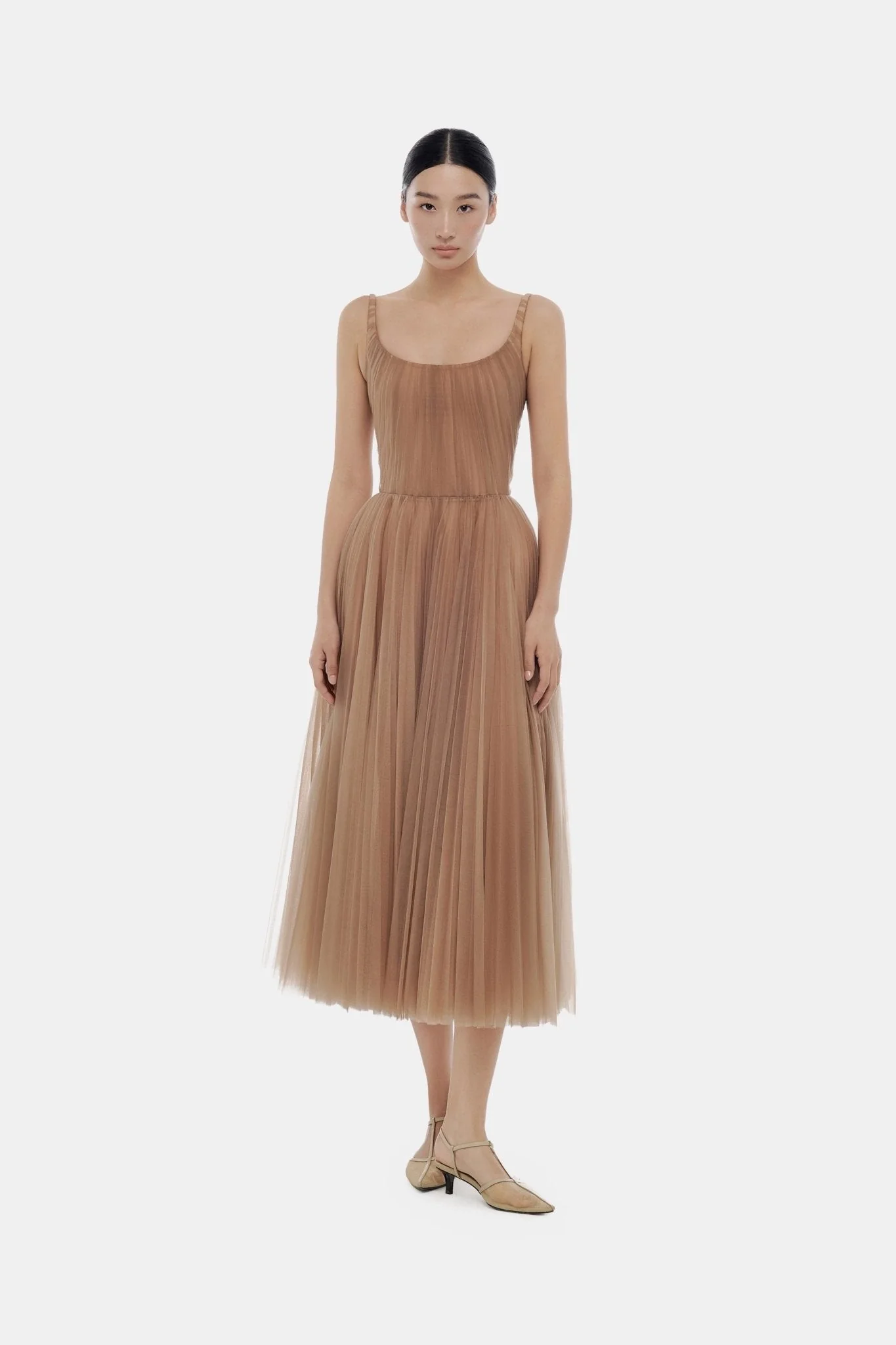 Brown Draped Tulle Midi Dress - Image 2