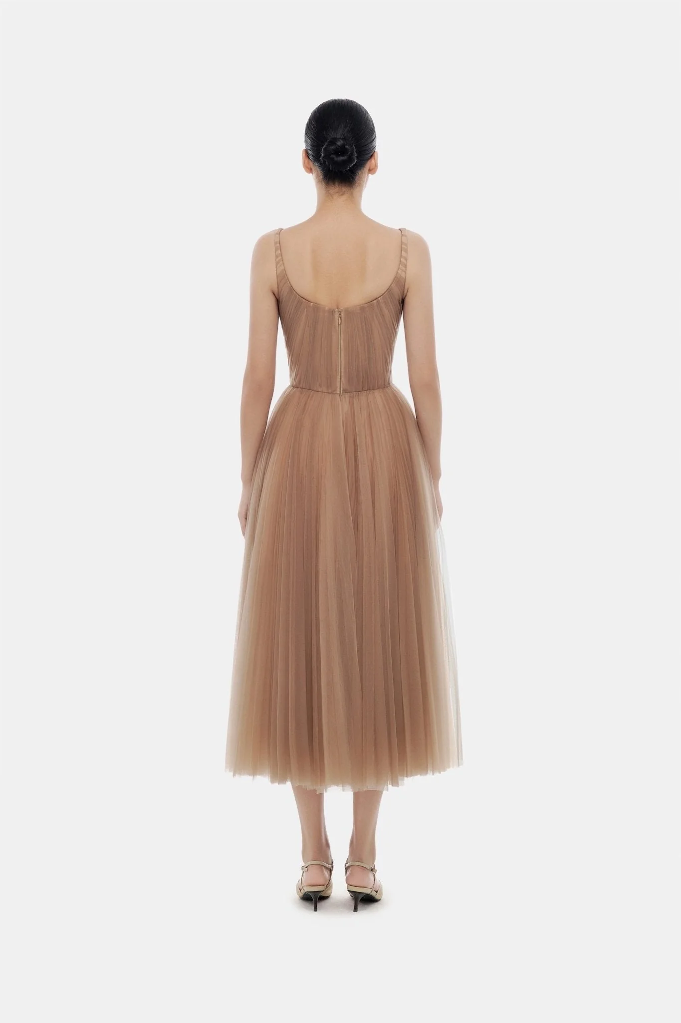Brown Draped Tulle Midi Dress - Image 4