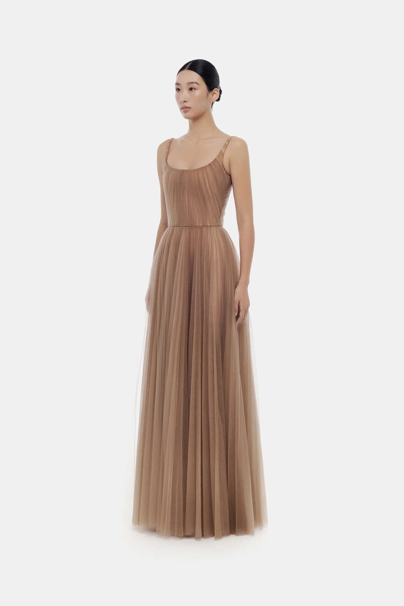 Brown Draped Tulle Maxi Dress - Image 3