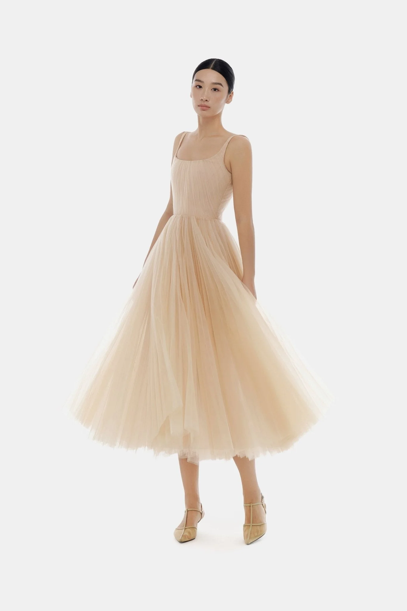 Beige Draped Tulle Midi Dress - Image 4