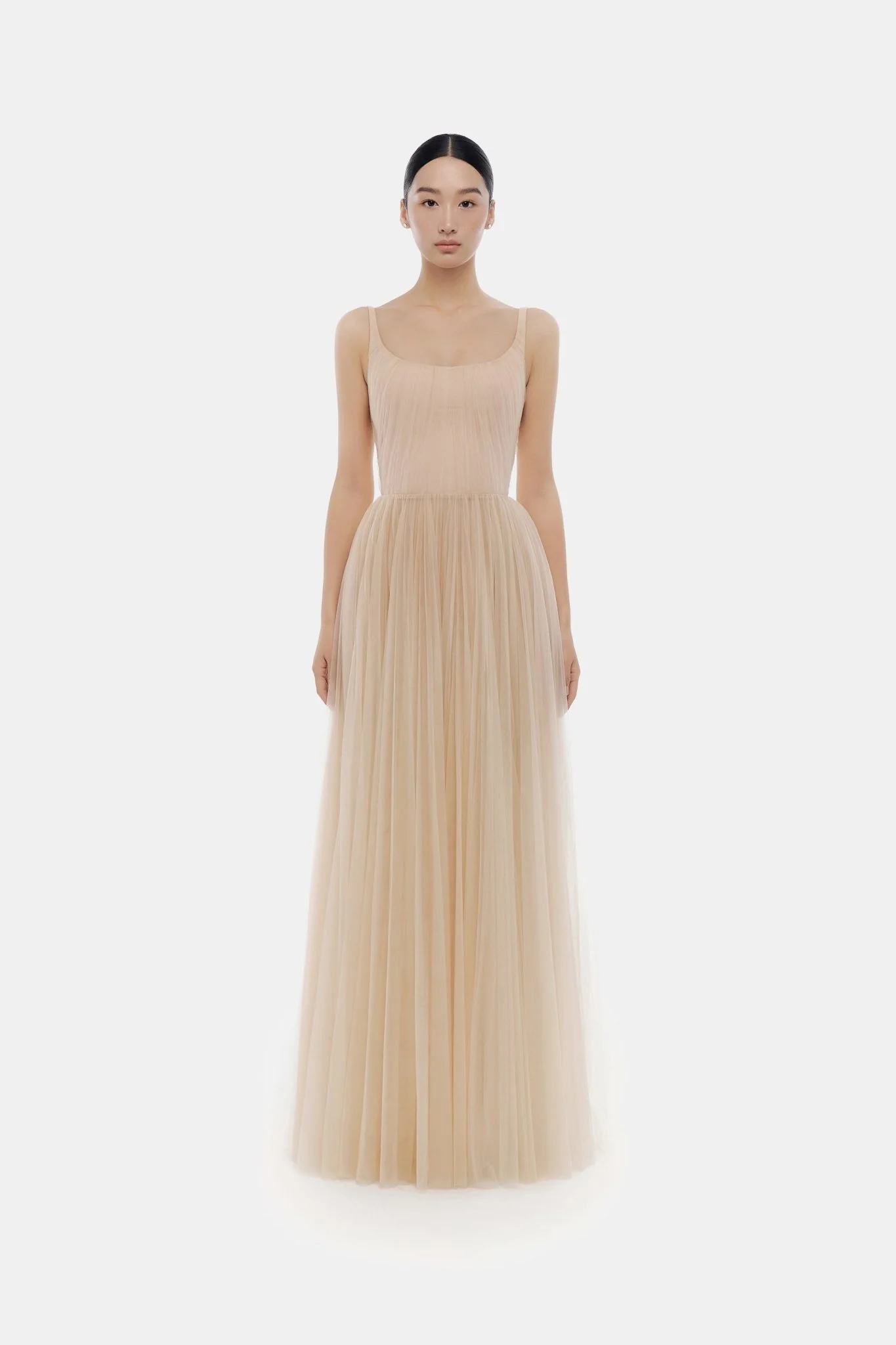 Beige Draped Tulle Maxi Dress - Image 3