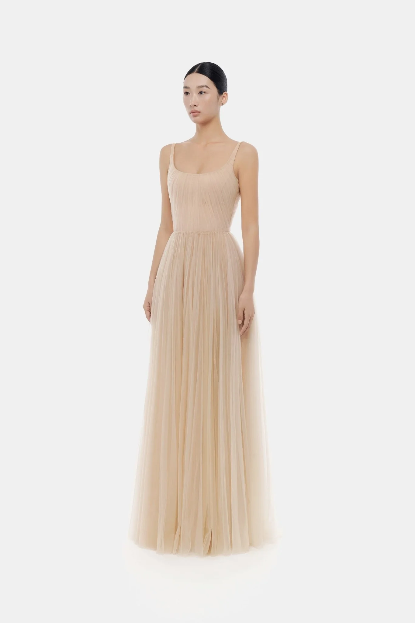 Beige Draped Tulle Maxi Dress - Image 4