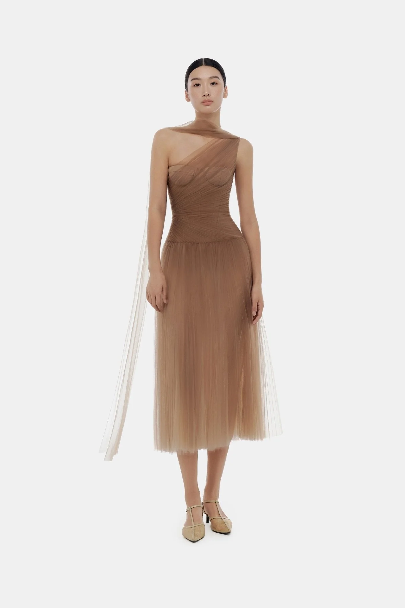 Brown Draped Midi Dress - Image 3