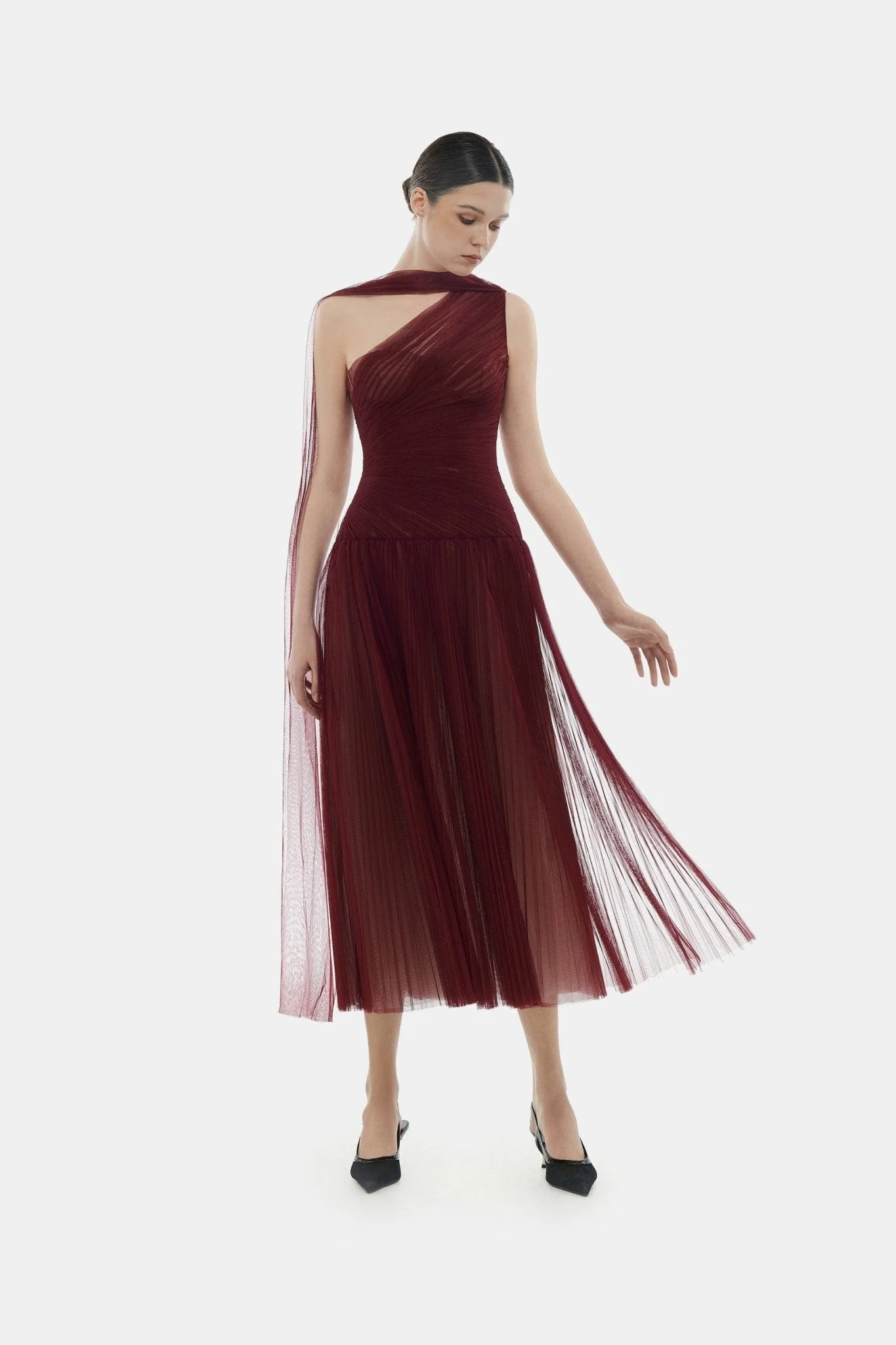 Bordeaux Draped Midi Dress - Image 2