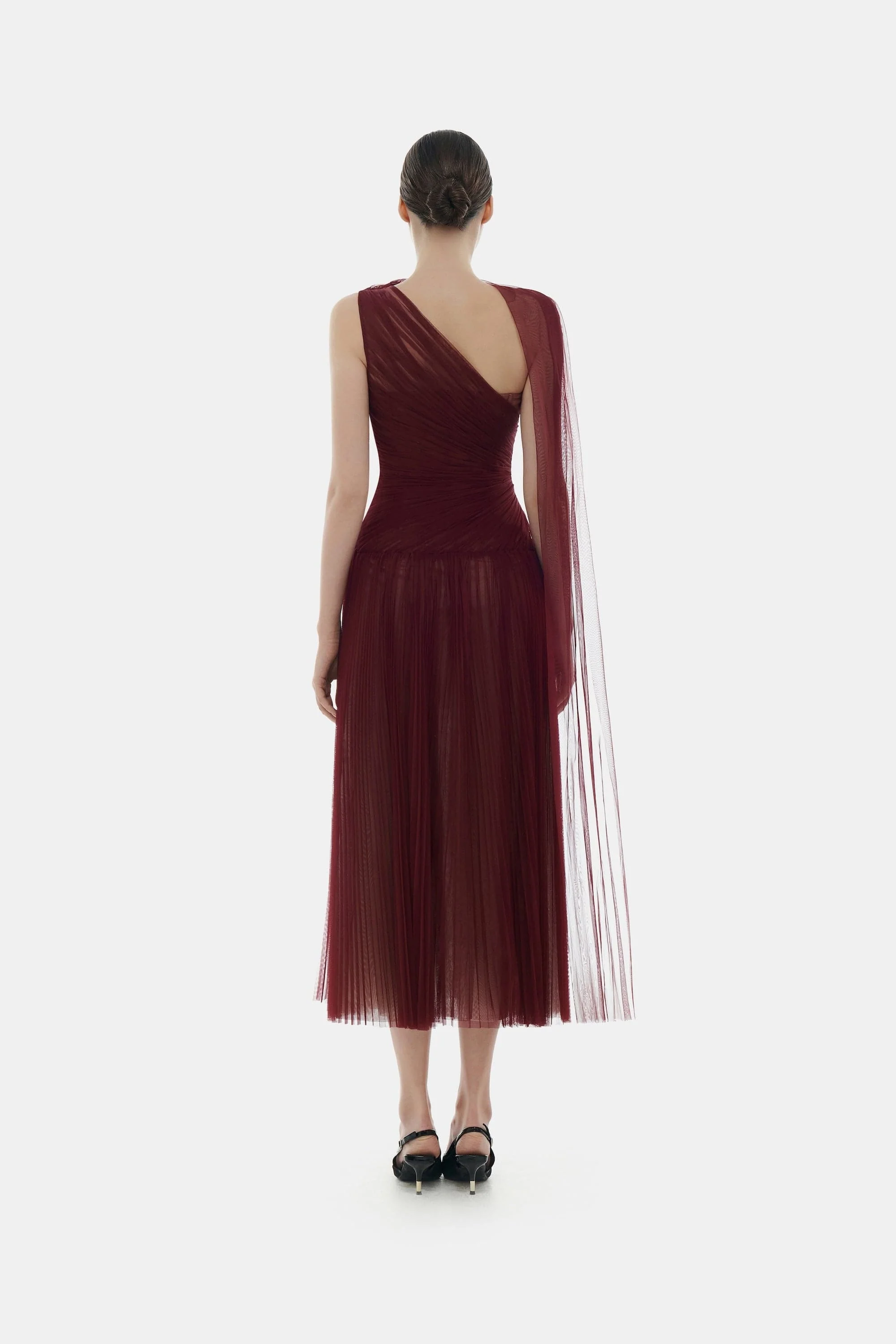 Bordeaux Draped Midi Dress - Image 5