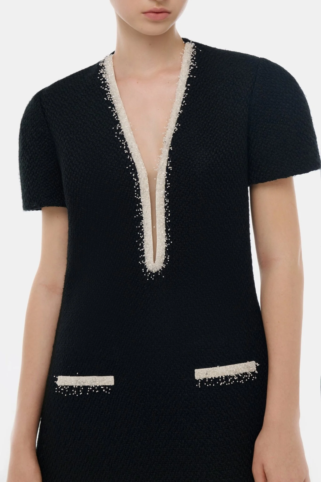Black Deep-V Tweed Mini Dress - Image 4