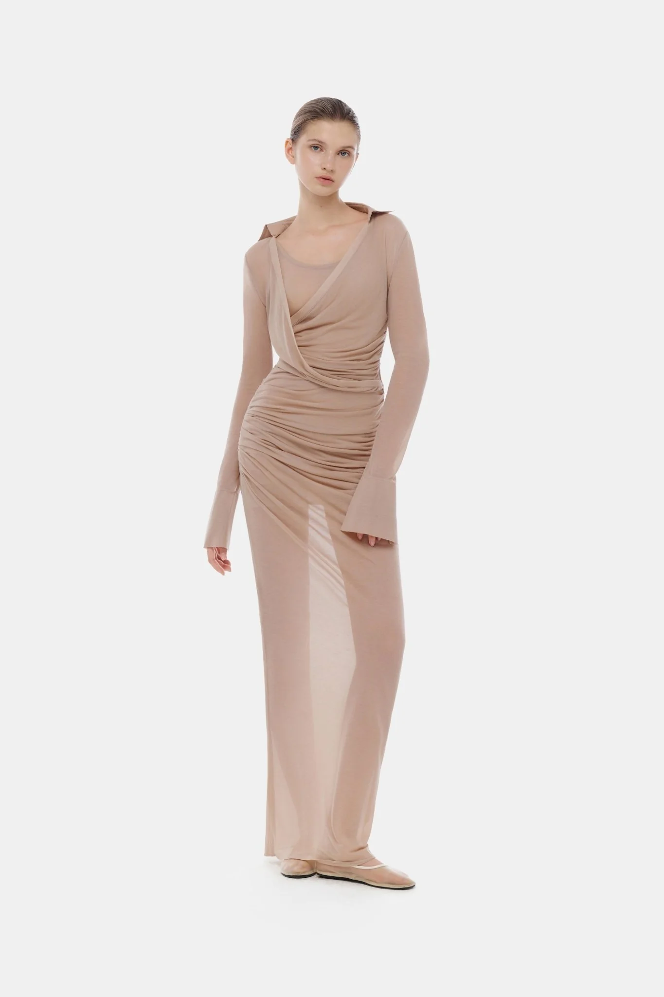 Nude Draped Ruched Jersey Dress - Image 2