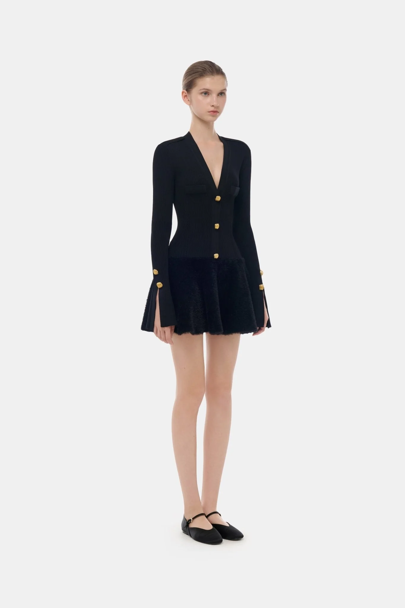 Black Ribbed Flared Mini Dress - Image 3
