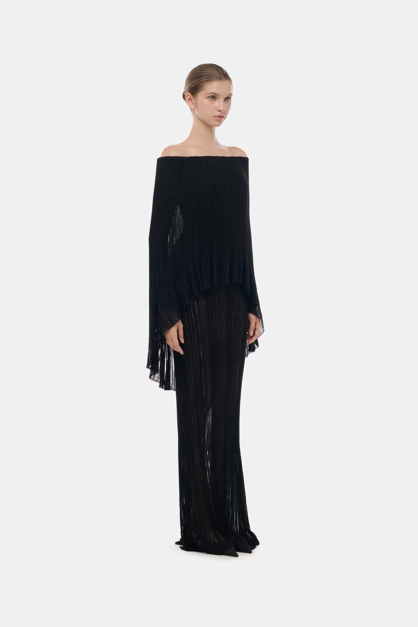Black Off-Shoulder Pleated Maxi Dress - Image 3