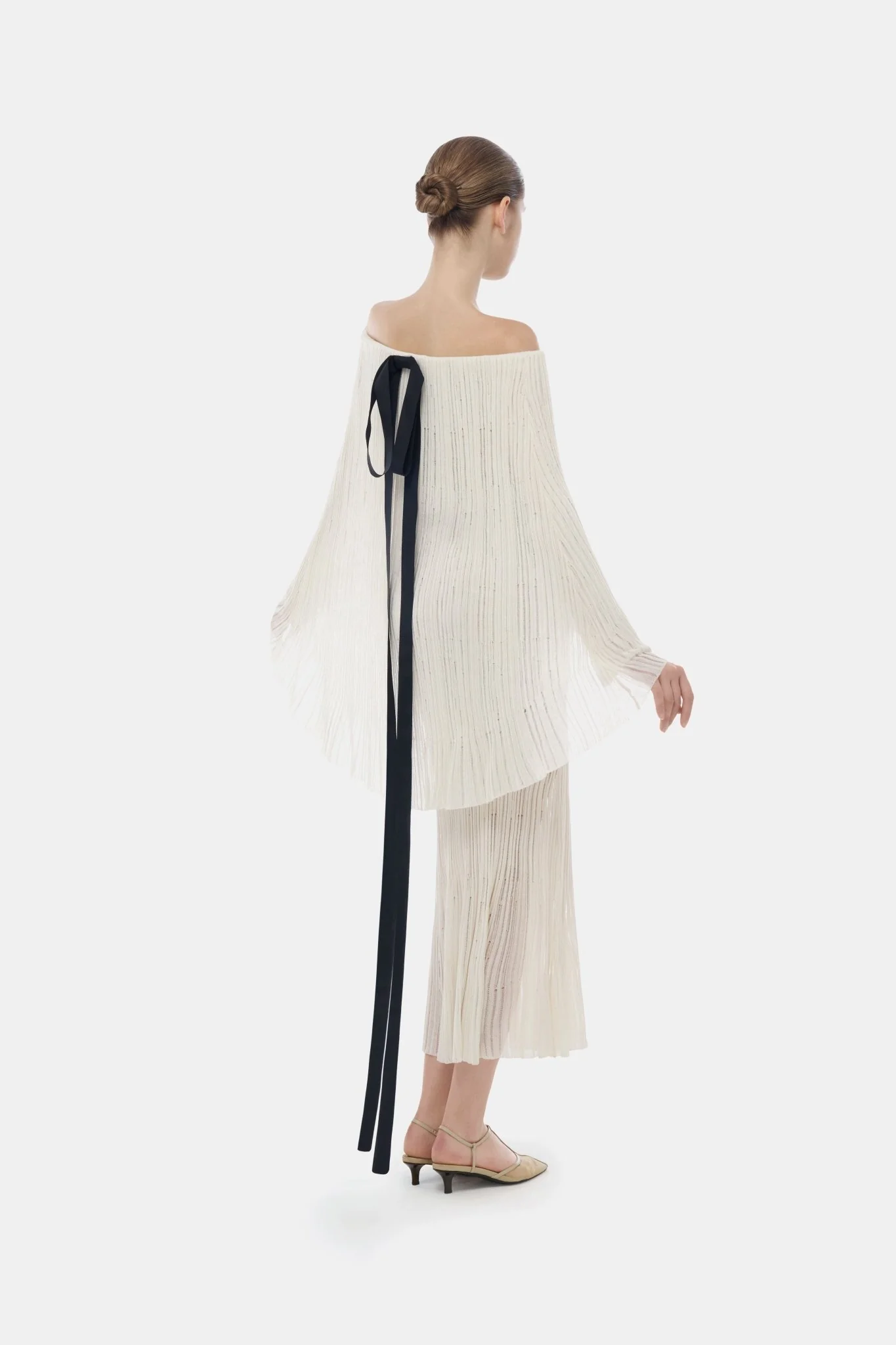 White Off-Shoulder Pleated Midi Dress - Image 3