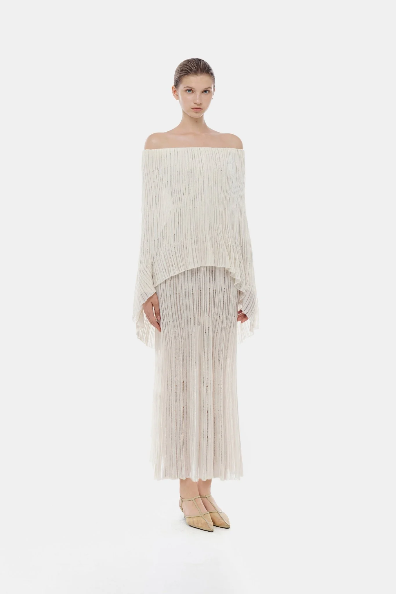 White Off-Shoulder Pleated Midi Dress - Image 5
