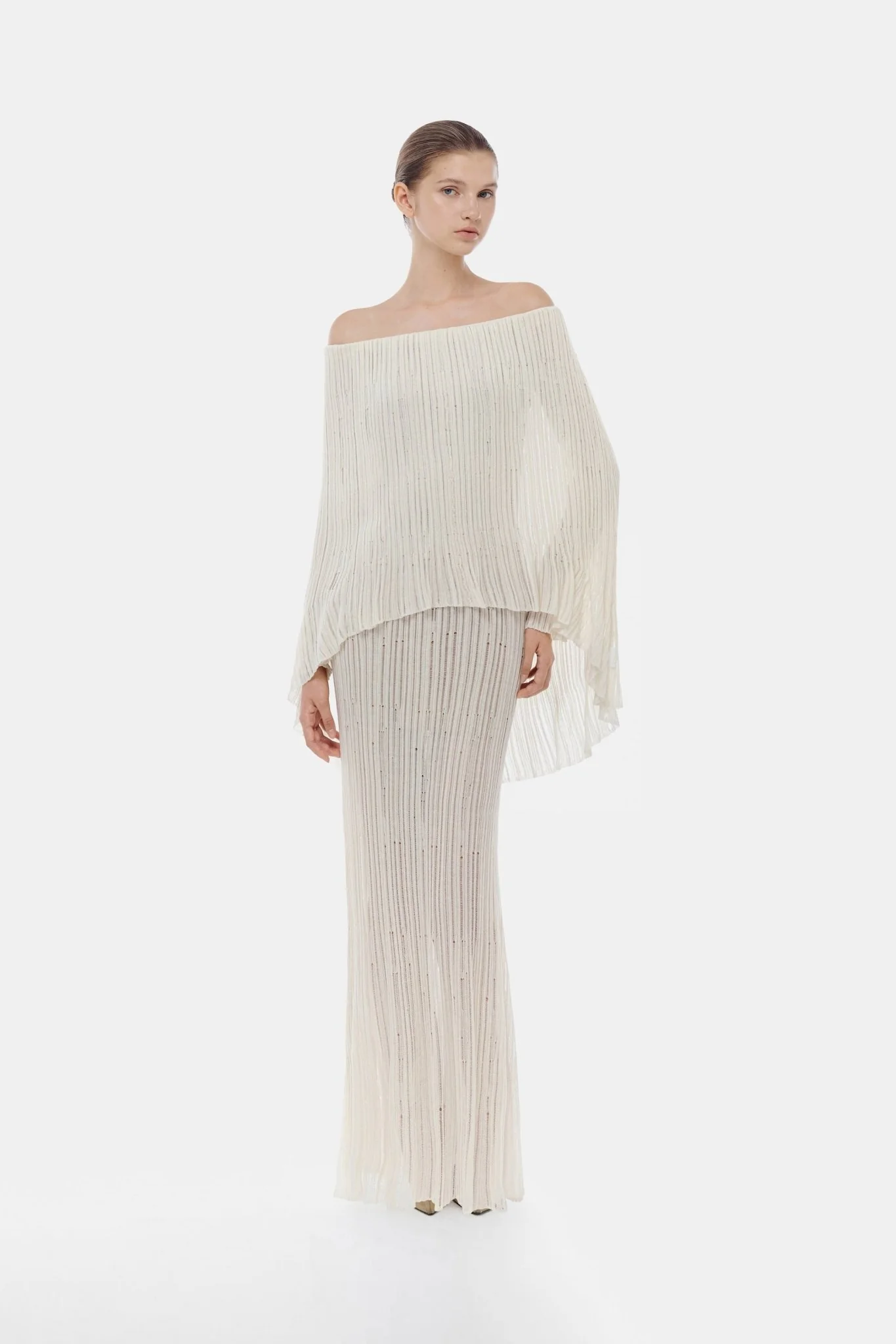 White Off-Shoulder Pleated Maxi Dress - Image 2