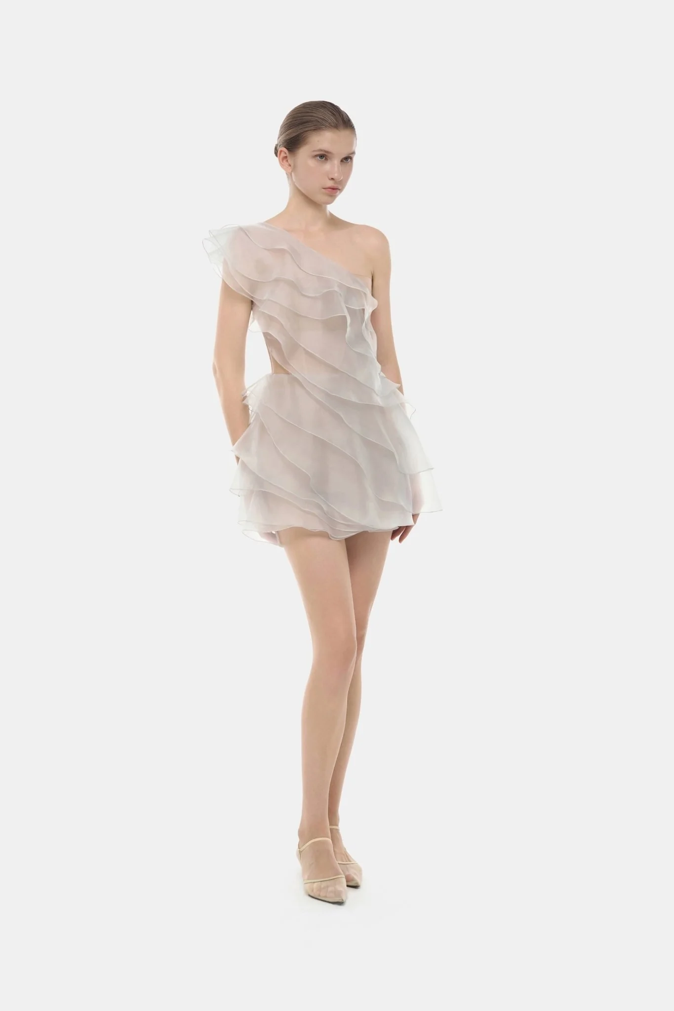 Grey Ruffle One-Shoulder Mini Dress - Image 2
