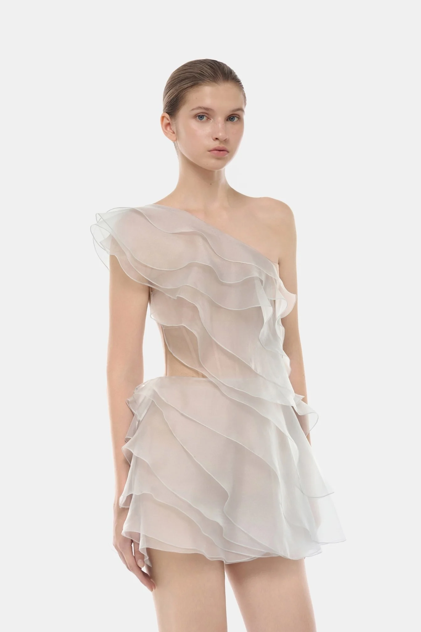 Grey Ruffle One-Shoulder Mini Dress - Image 5