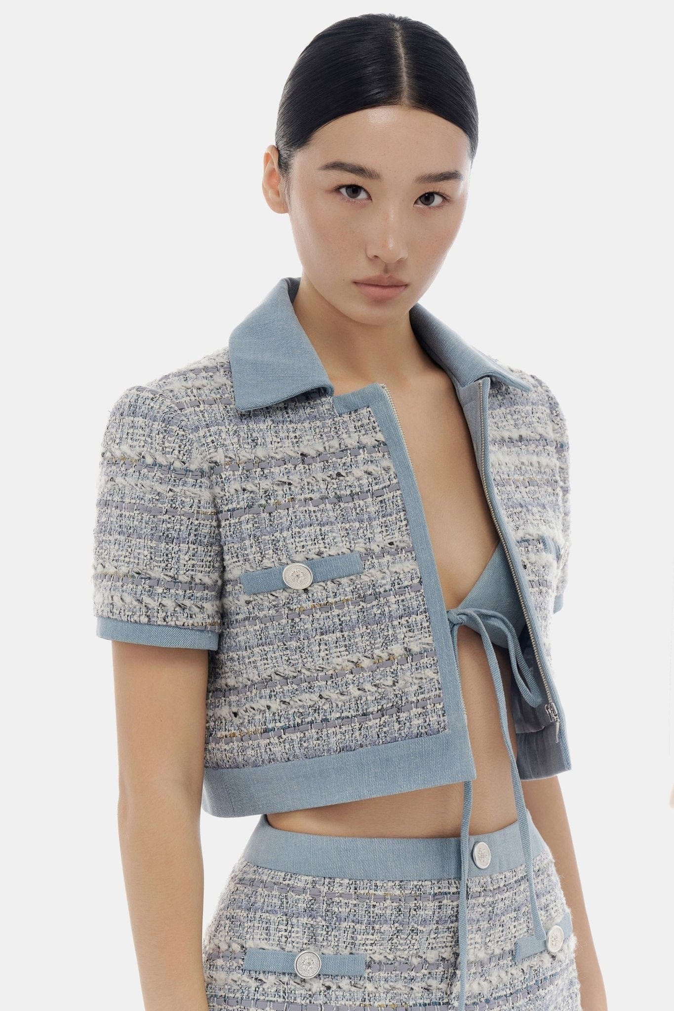 Denim Blue Tweed Croptop Jacket - Image 6