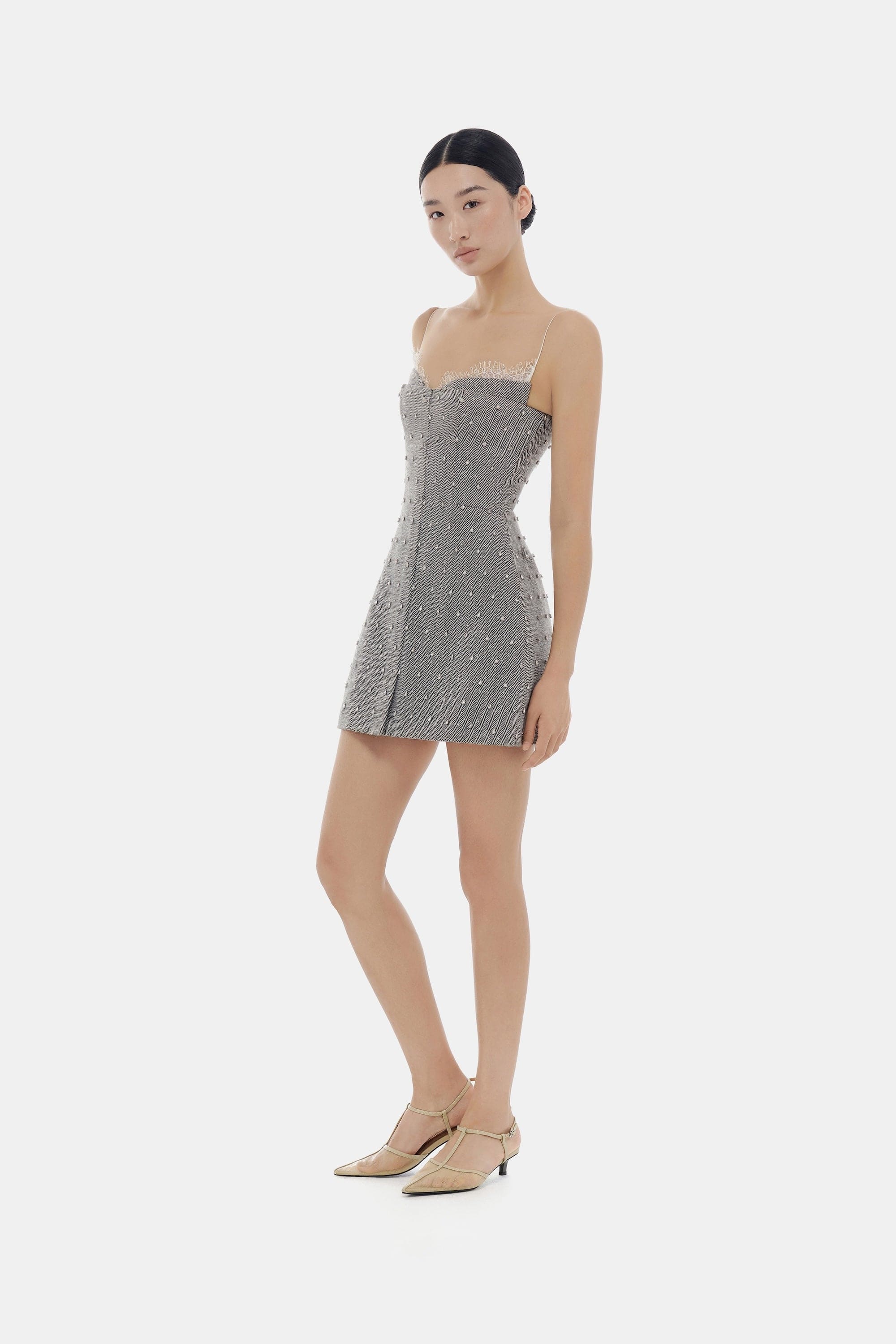 Grey Harringbone Crystal Beaded Dress - Image 2