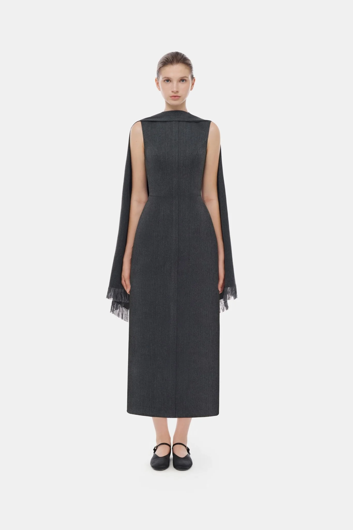 Grey Tailored Scarf Midi Dress