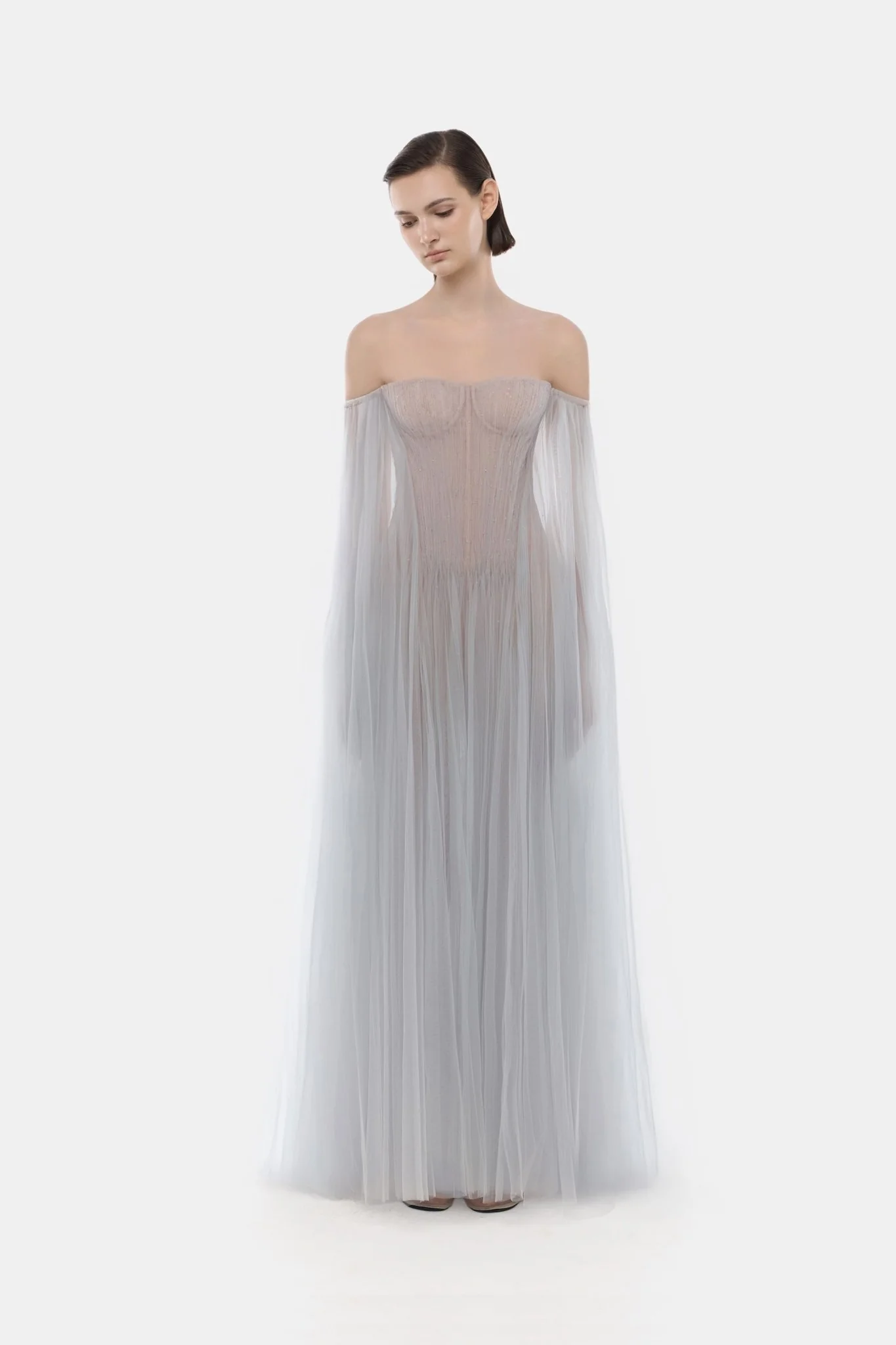 Grey Tulle Off-shoulder Maxi Dress - Image 4