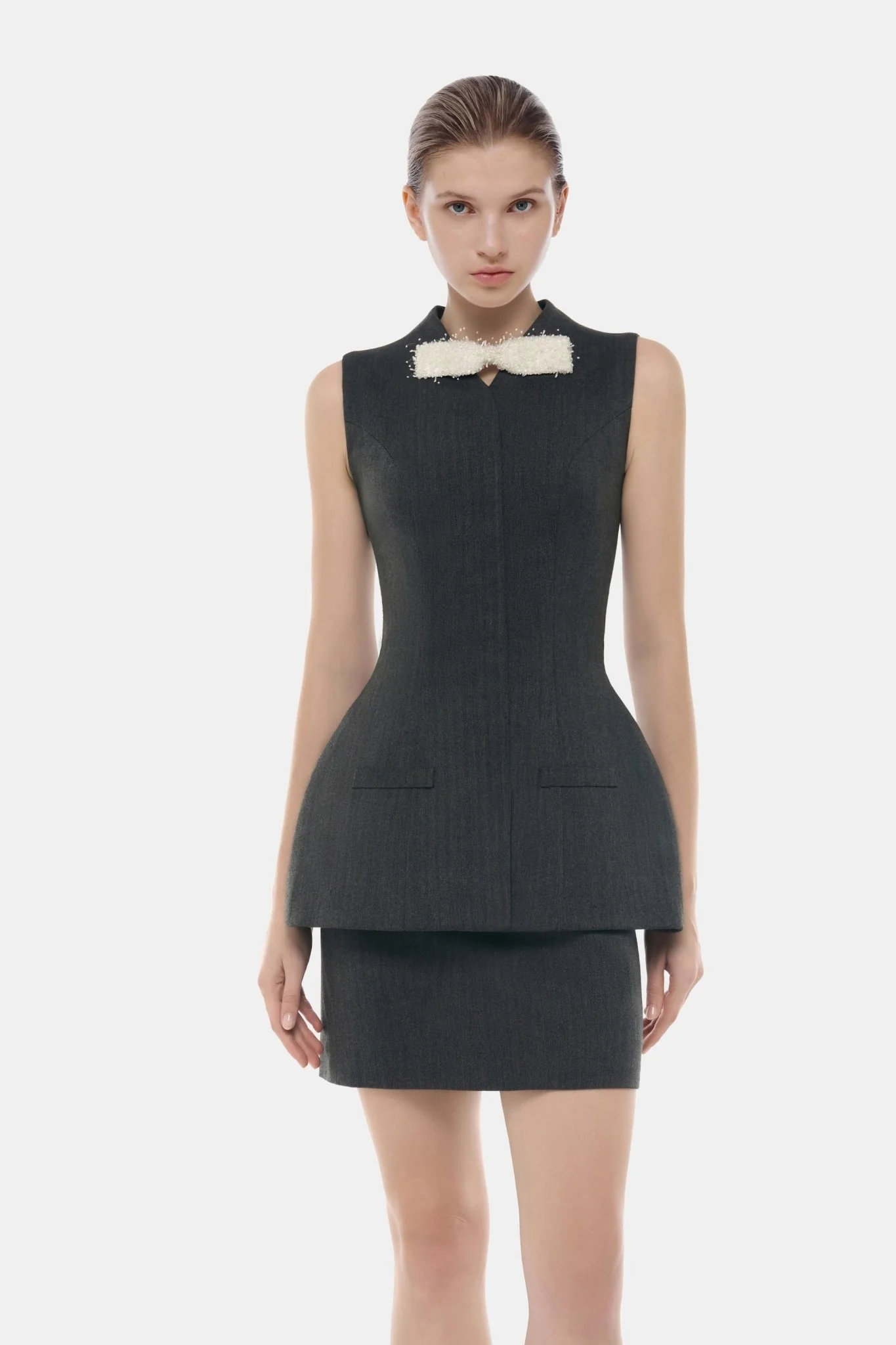 Grey Sleeveless Bow Blazer - Image 5
