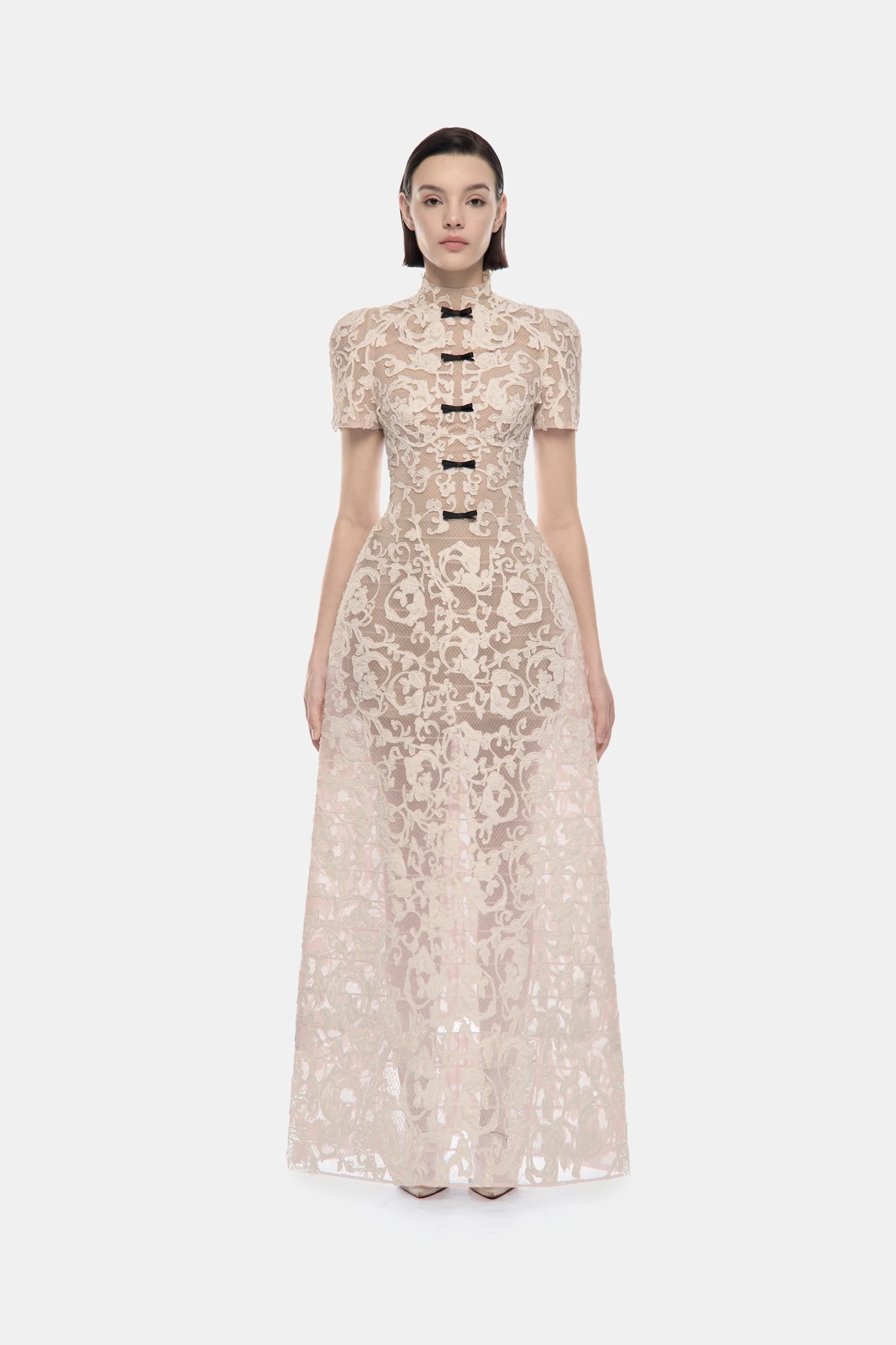 Ivory Brocade Bow Maxi Dress