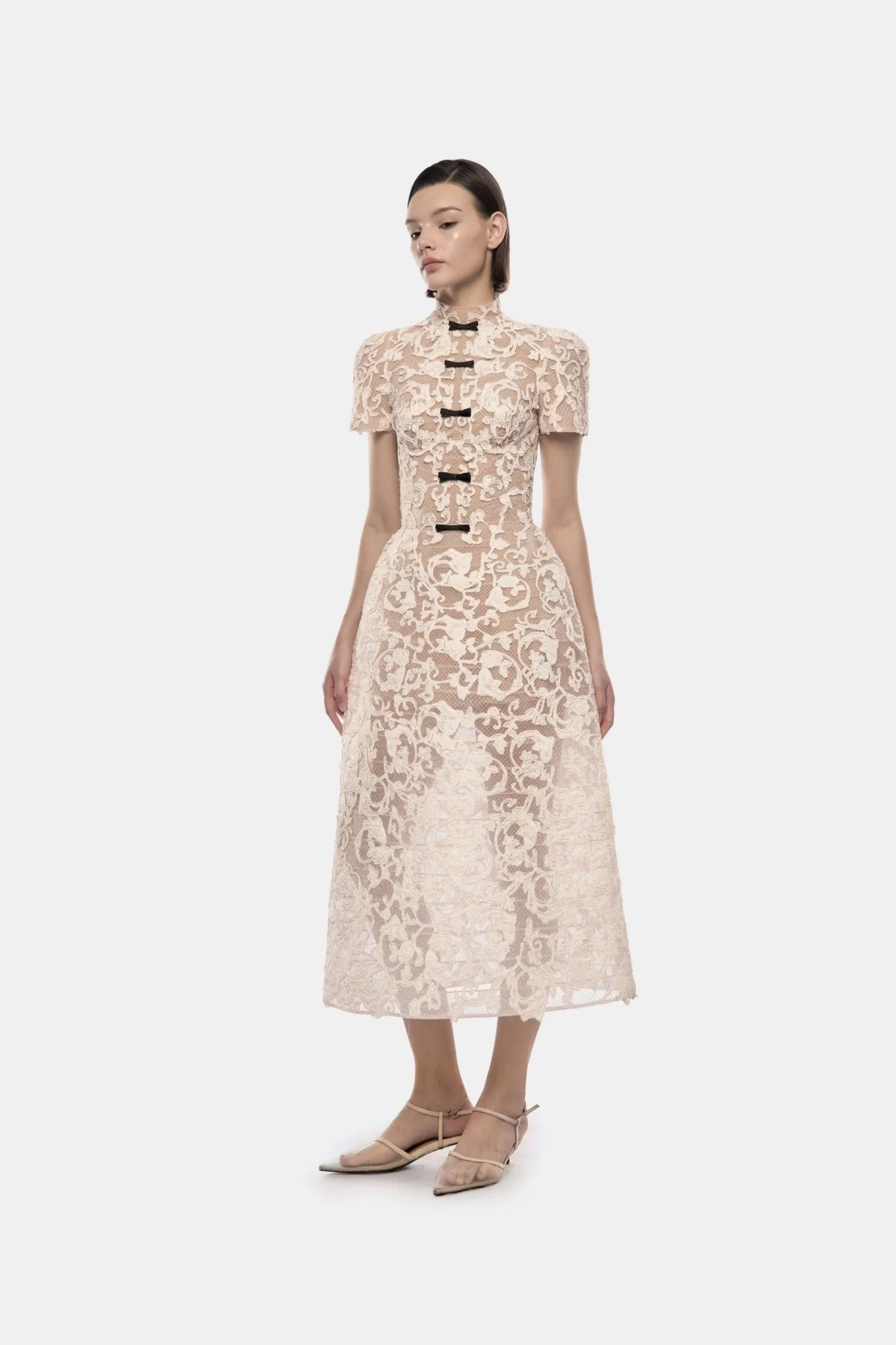 Ivory Brocade Bow Midi Dress - Image 2