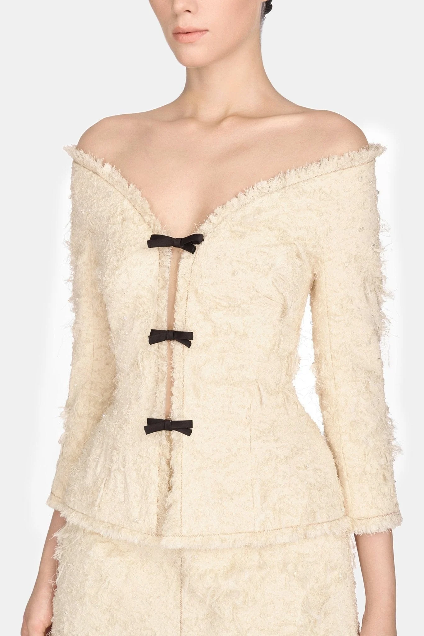 Ivory Off-shoulder Crystal Beaded Blazer - Image 5