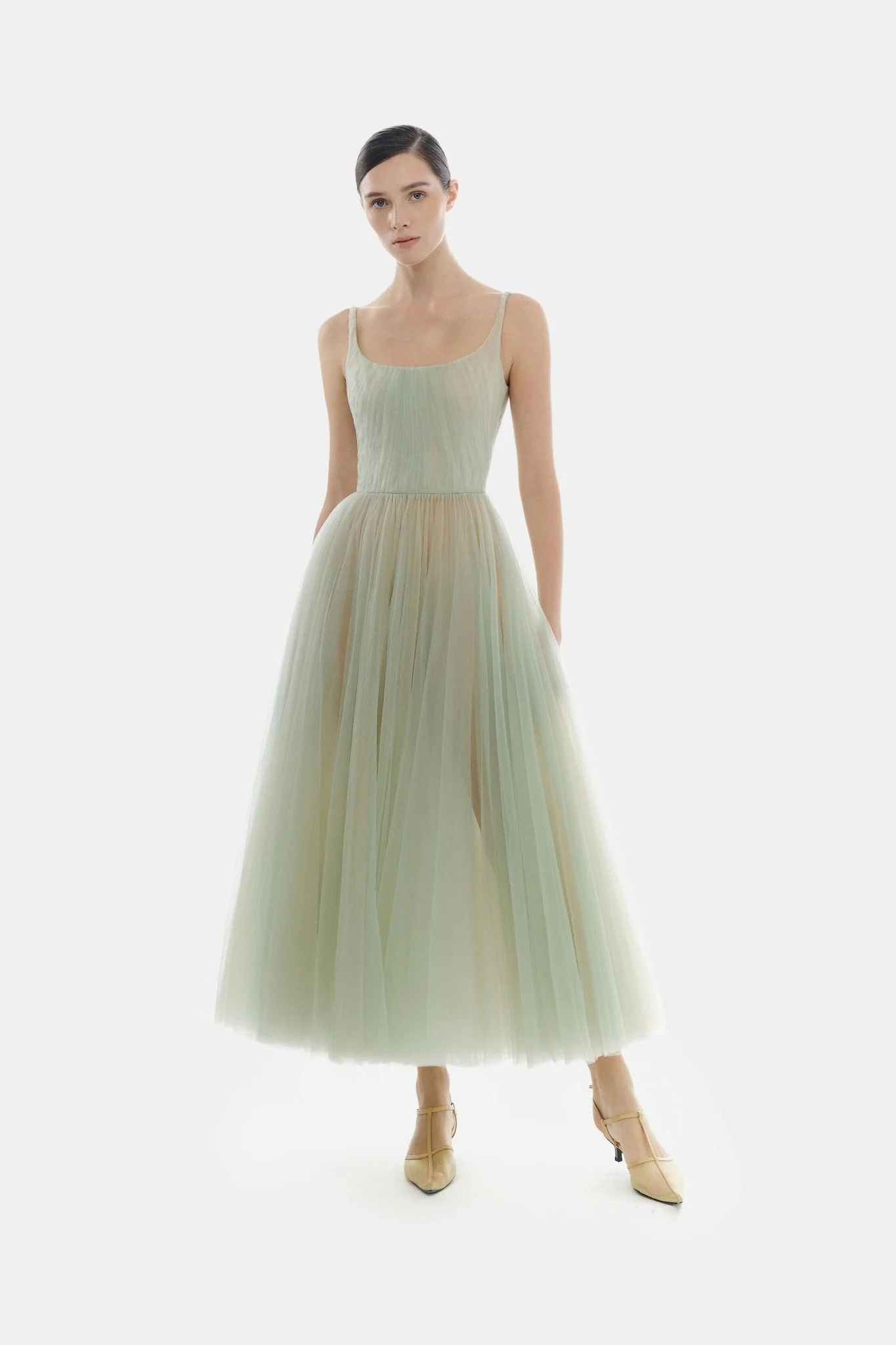 Mint Draped Tulle Midi Dress - Image 2