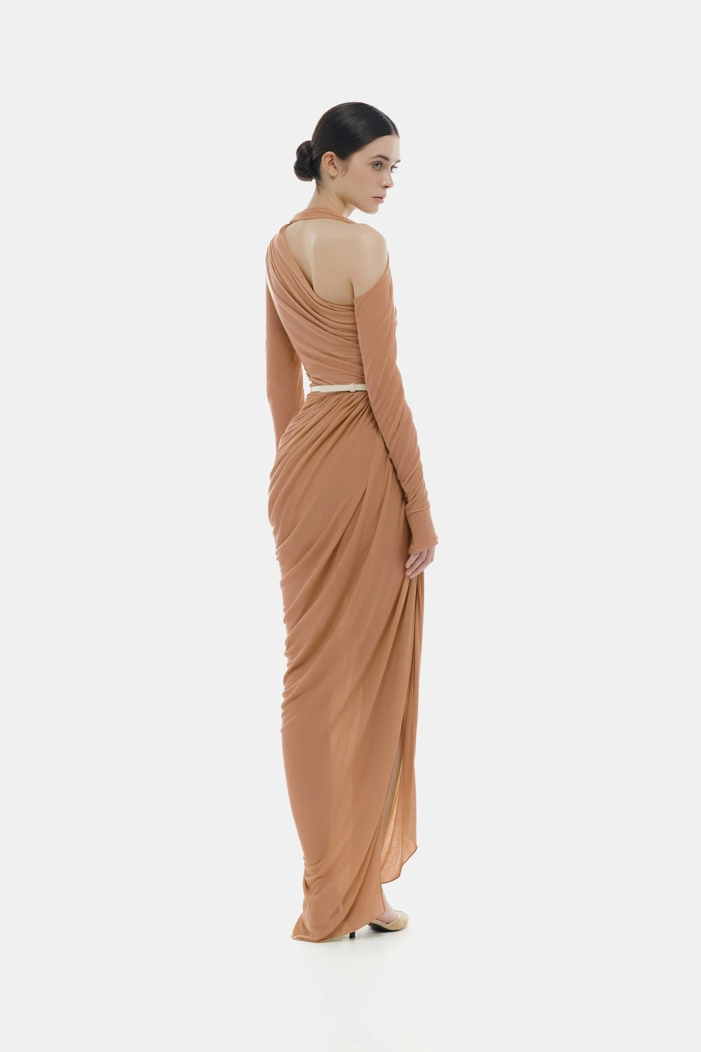 Nude Draped Asymmetric Maxi Dress - Image 3