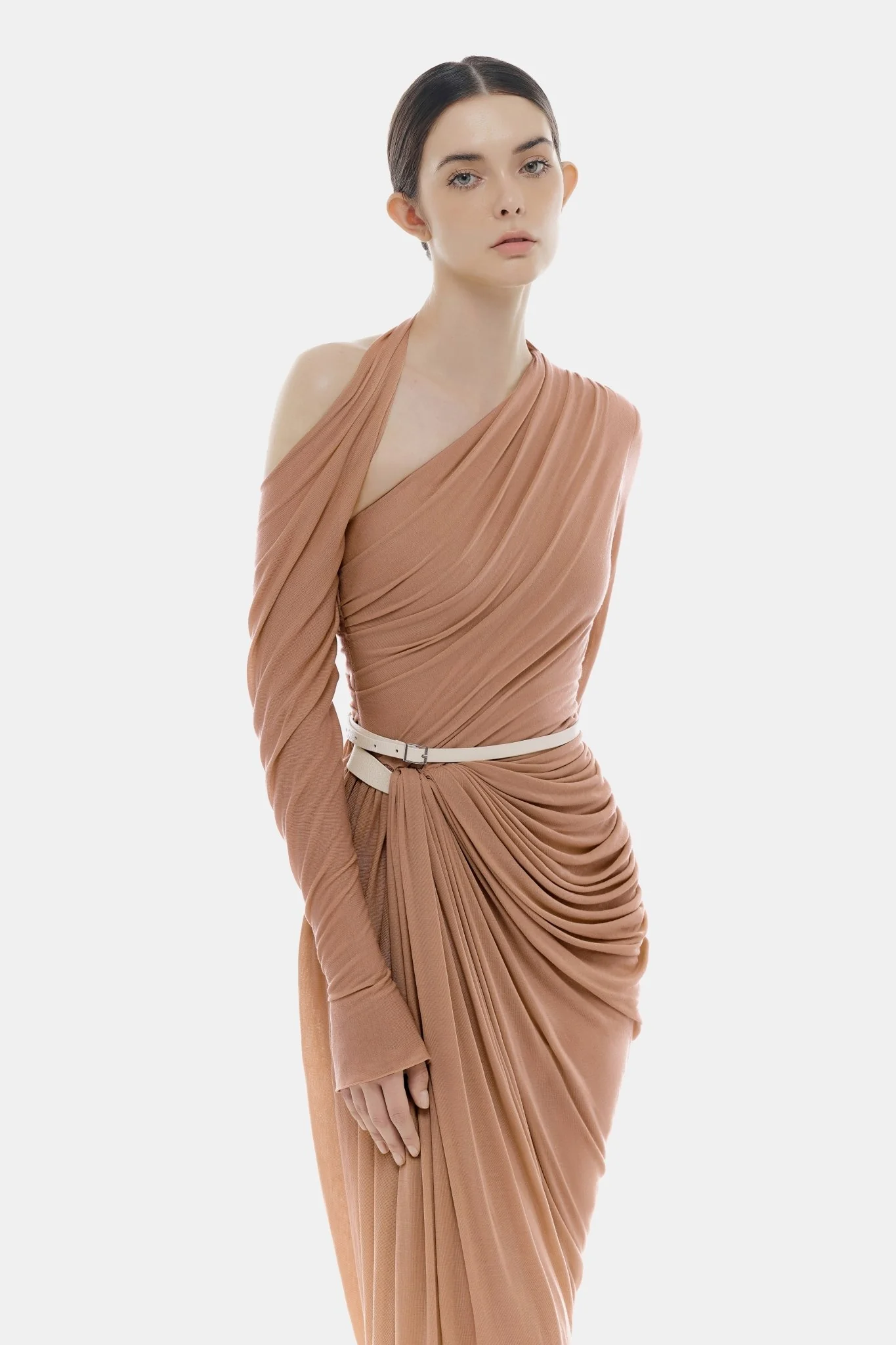 Nude Draped Asymmetric Maxi Dress - Image 4