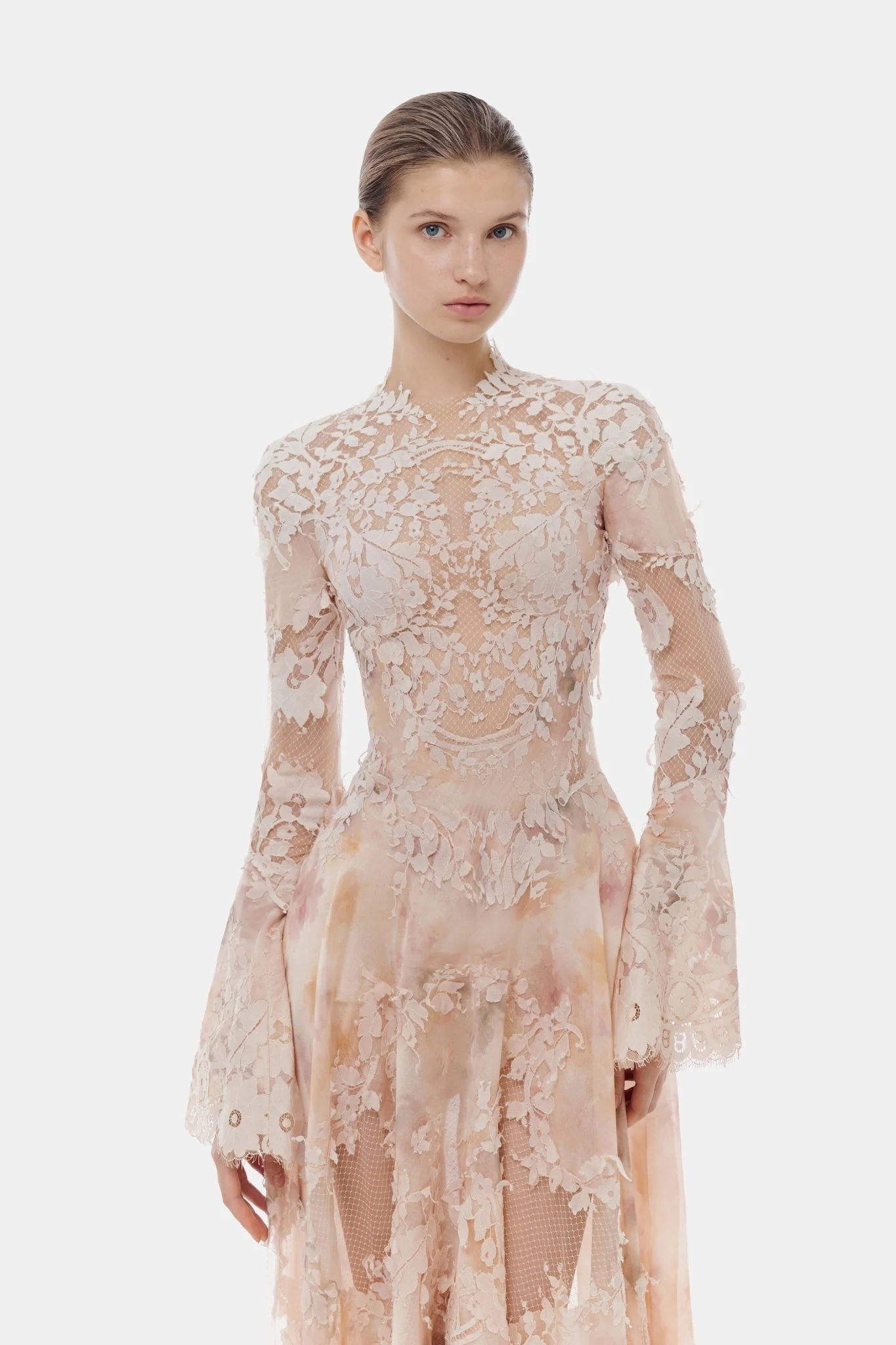 Peach Lace Appliqué Midi Dress - Image 4