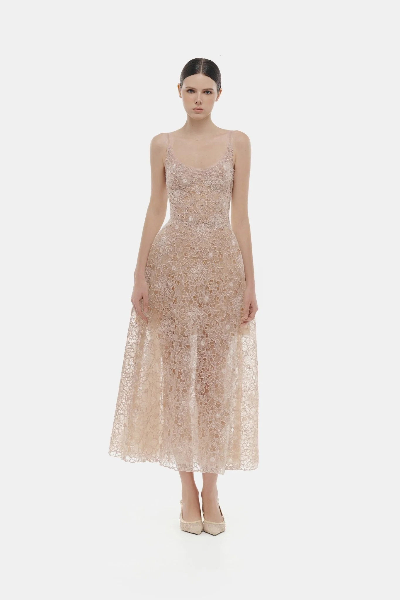 Pink Flower Lace Midi Dress - Image 3
